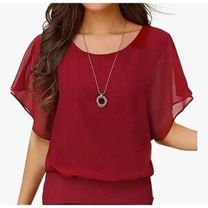 neineiwu Solid Deep Red Chiffon Short Sleeve Top Blouse Large